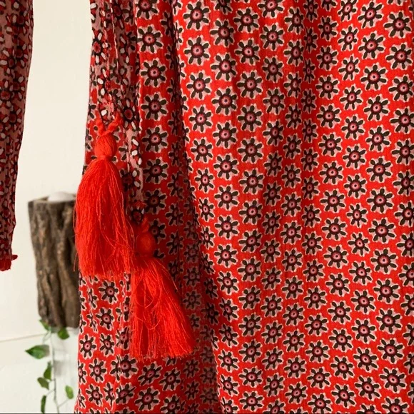 Boden Red Floral Print Tunic Dress Tassel Pom Pom - Picture 13 of 13